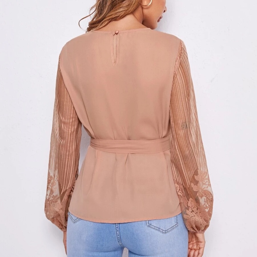 Boho Floral Sheer Sleeve Belted Blouse - Picture 8 of 9